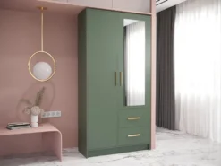 Mirjan24 Kleiderschrank Berlin 103, Drehtürenschrank Mit Spiegel, Modern Schlafzimmerschrank (Farbe: Grün + Gold Griffe)