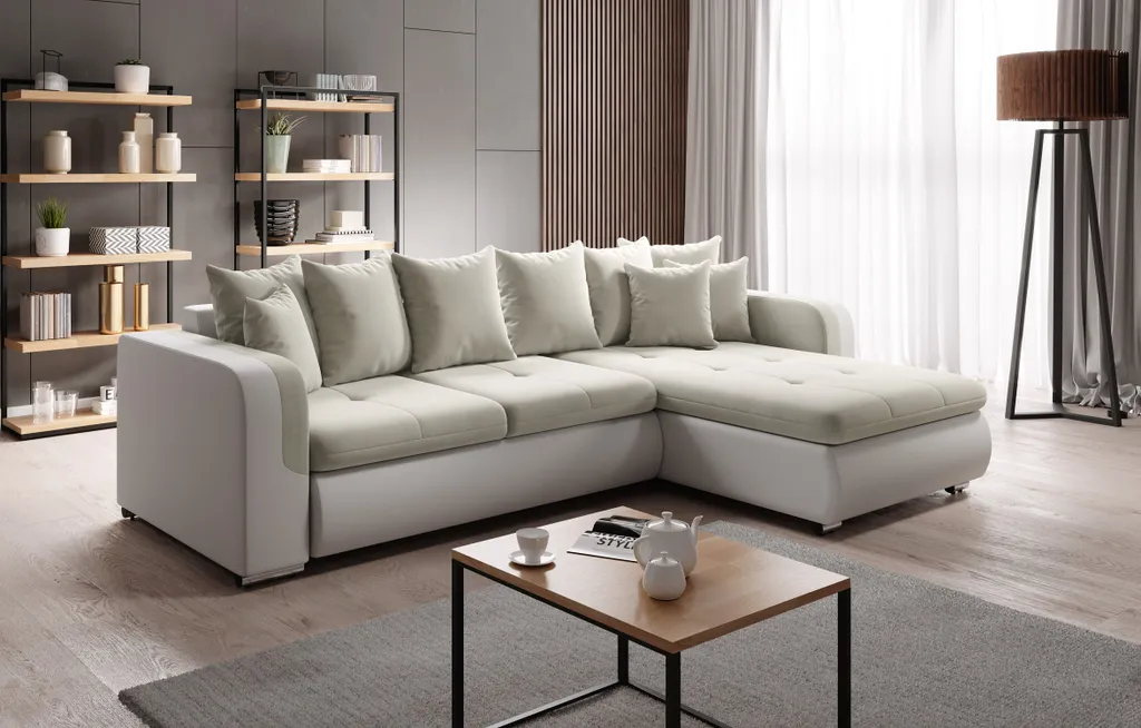 Eckcouch Sofa Mit Schlaffunktion Couchgarnitur Mit Kissen Beige Kundstleder/Textil FIORENZO MINI L MA120-MLO4