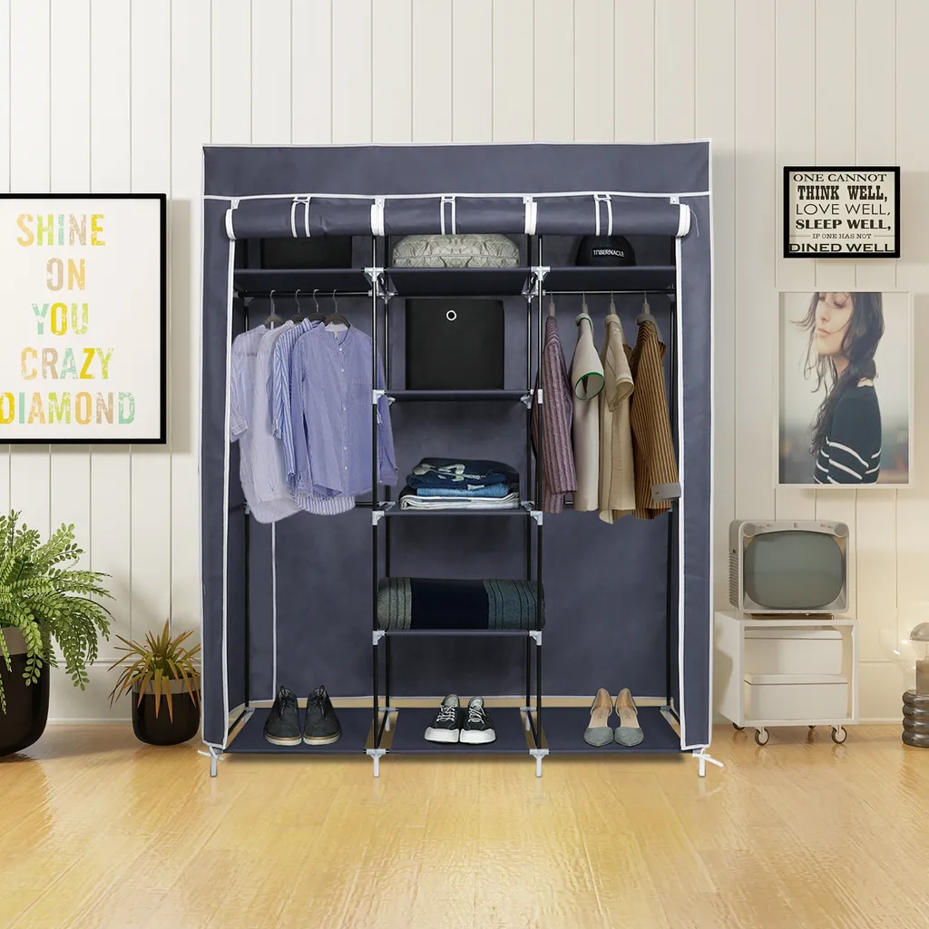 Kleiderschrank Höhe 175cm Stoffschrank Faltschrank Garderobe Mit Kleiderstange 3 Hochrollbaren Türen 175cm*150cm*45cm Graublau – Bild 5