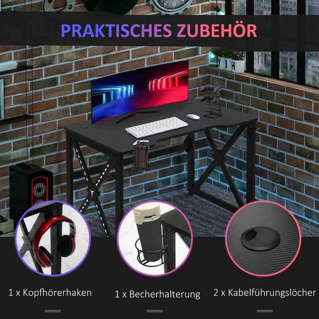 HOMCOM Computertisch Mit LED-Leuchten Monitorablage PC Tisch Gaming Tisch Mit Becherhalter E-Sport-Stil Bürotisch Mit Verstellbaren Füßen MDF Metall Schwarz 120 X 60 X 73 Cm – Bild 4