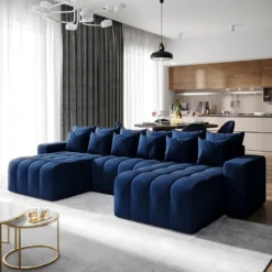 Selsey Ecksofa BATILO U - Eckcouch In Dunkelblau Mit Schlaffunktion, Bettkasten Und Abnehmbaren Rückenkissen, 370 Cm Breit