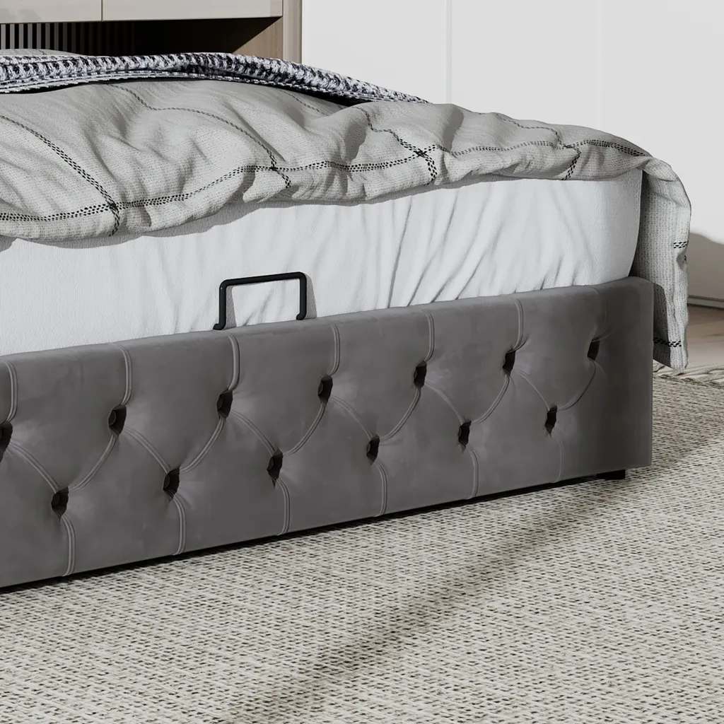 Merax Hydraulisches Boxspringbett 180x200cm Polsterbett Mit Bettkasten, Lattenrost Und Stauraum, Straumbett Funktionsbett Ohrenform Doppelbett Aus Samt, Grau – Bild 6