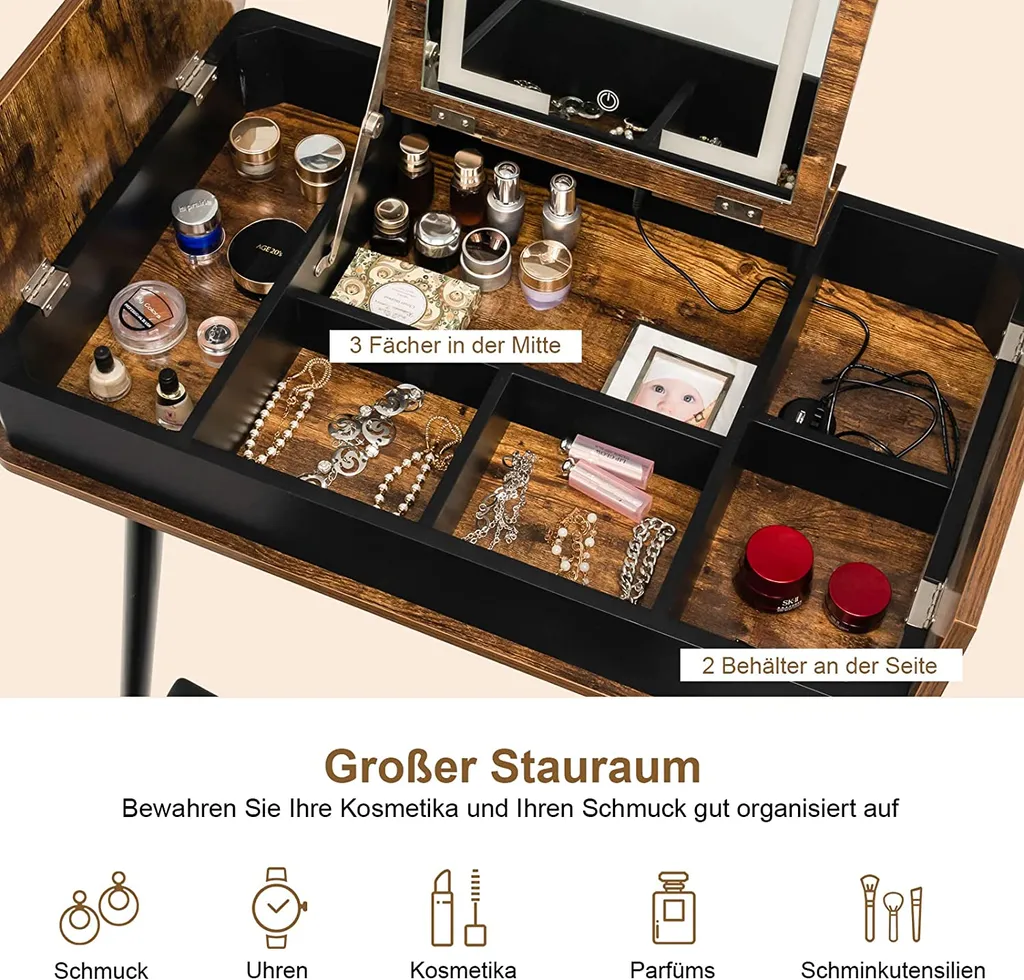 COSTWAY Schminktisch Mit Verstellbarer LED Beleuchtung, USB-Anschluss Und Klappspiegel, Frisiertisch Mit 6 Ablagefächern & Gepolstertem Hocker, Kosmetiktisch, Industrie-Design, Vintagebraun – Bild 5