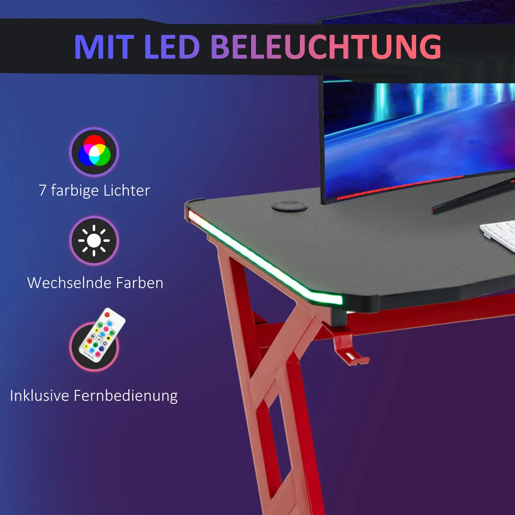 HOMCOM Gaming Tisch RGB-Lichter Schreibtisch R-förmiger 4 Verstellbare Fußstützen Computertisch Arbeitstisch Spanplatte Metall Schwarz+Rot 120 X 60 X 74,5 Cm – Bild 5