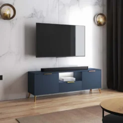 Selsey TV-Lowboard CAVAZZO - TV-Schrank In Dunkelblau / Gold, Stehend, 137 Cm Breit