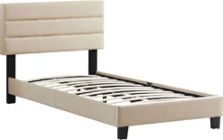 Polsterbett TUCSON 90x200 Cm In Beige, Modernes Jugendbett Inkl. Lattenrost, Einzelbett Im Skandinavischen Stil, Bequemes Gepolstertes Bett Mit RĂĽckenlehne Und Kopfteil