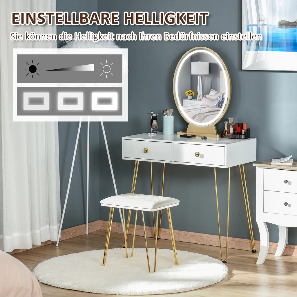 HOMCOM Schminktisch Set Frisierkommode Kosmetiktisch Mit Einstellbarer LED-Beleuchtung Spiegel Gepolsterten Hocker 2 Schubladen Und 1 Lippenstiftraster MDF Stahl Schaumstoff Weiß 80 X 40 X 136 Cm – Bild 5