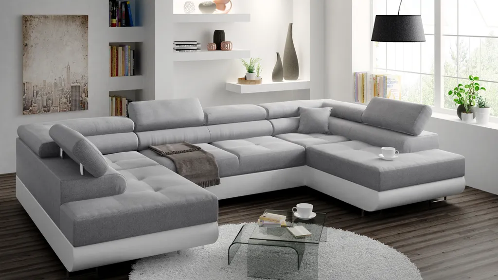 Ecksofa Miami U Mit Schlaffunktion Und Bettkasten, 338 X 203 Cm, Hellgrau, Kunstleder Weiß – Bild 2