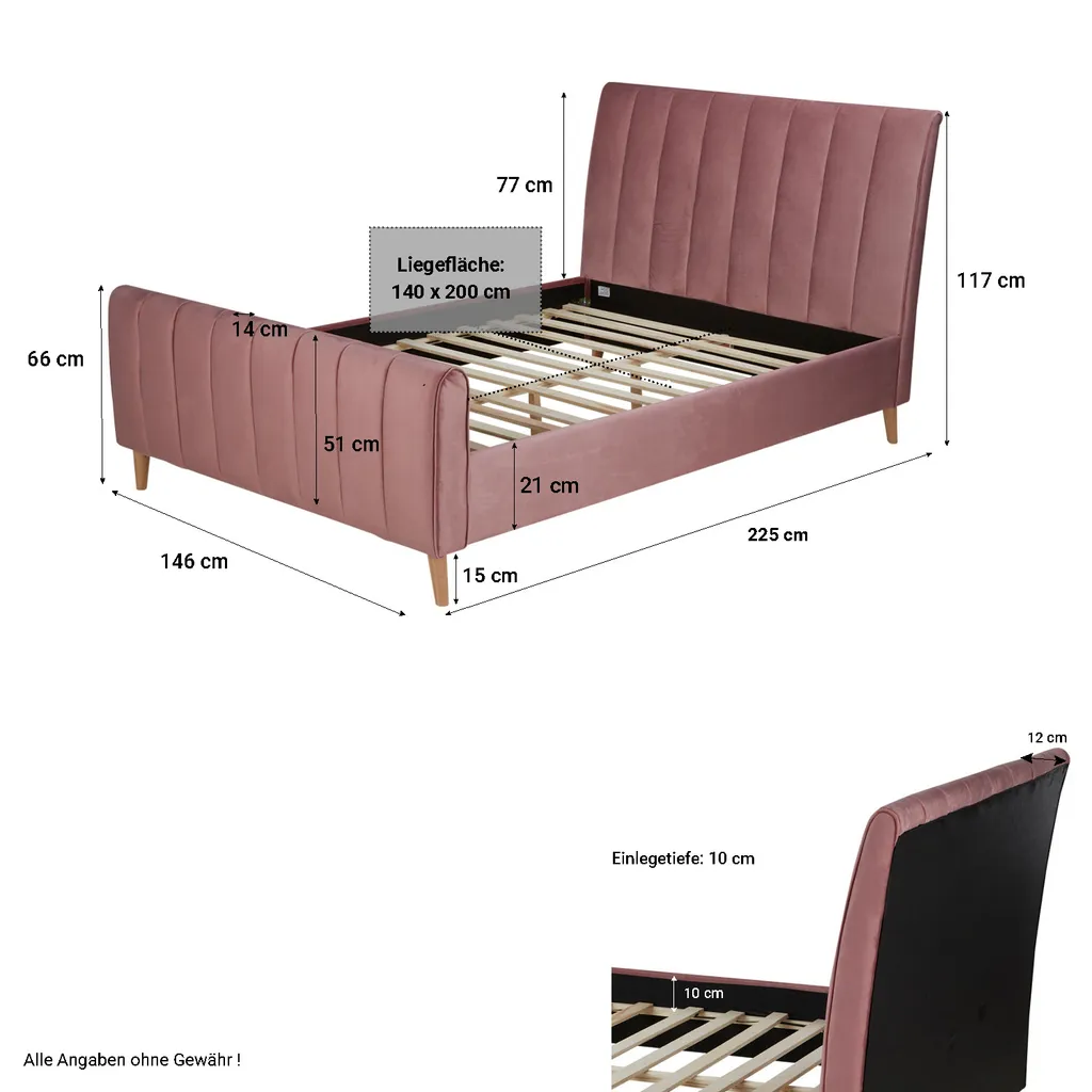 Homestyle4u 2009, Polsterbett 140x200 Mit Lattenrost Rosa Altrosa Samt Bett Doppelbett Stoffbett Bettgestell – Bild 4
