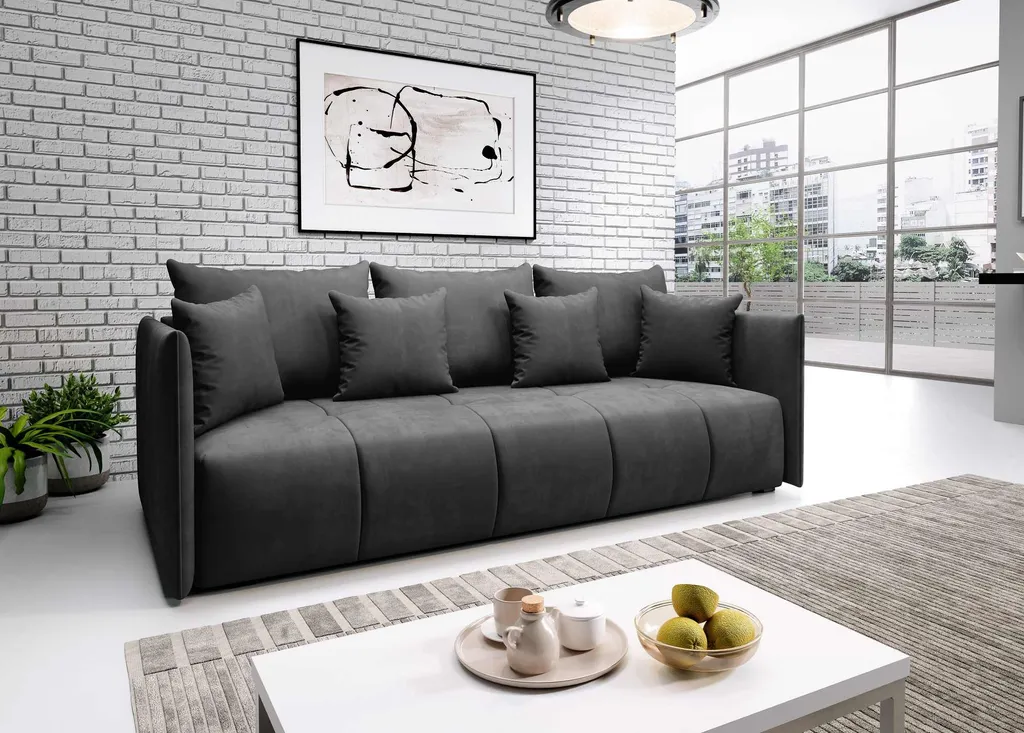 FURNIX ASVIL 3-Sitzer Schlafsofa Sofa Couch Mit Schlaffunktion, Bettkasten Und Kissen Pflegeleichter Stoff Modern GRAU FONCÉ EN25
