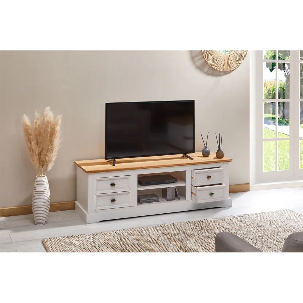 TV-Lowboard KENT, Schöner Fernsehschrank Aus Kiefer Massiv In Grau/braun, Praktisches Hifi-Möbel Mit 4 Schubladen, Attraktives Sideboard Mit Zwei Nischen – Bild 9