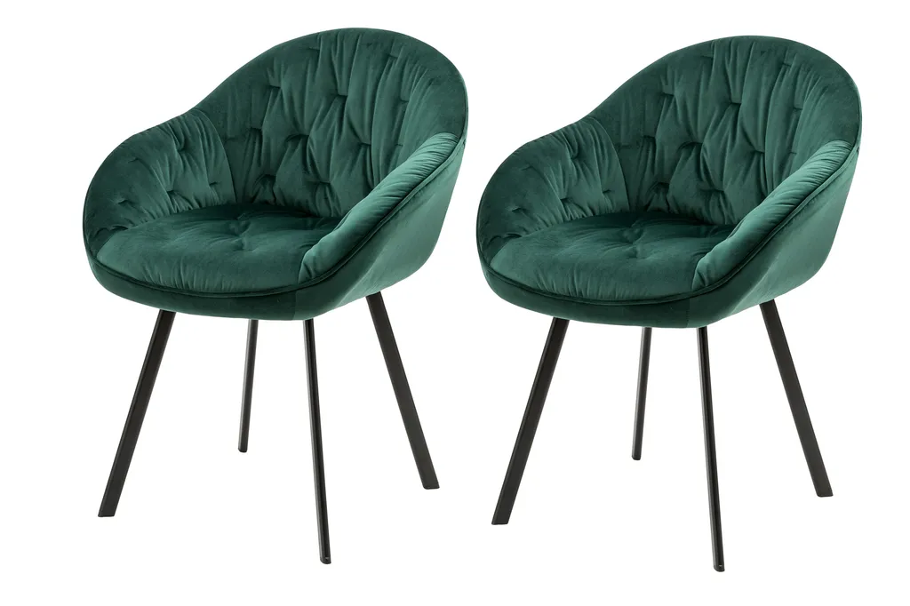 SalesFever Polsterstuhl 2er Set Mit Armlehnen | Stoffbezug In Samt-Optik | Gestell Metall Schwarz | Diamantsteppung | B 62 X T 66 X H 83 Cm | Grün