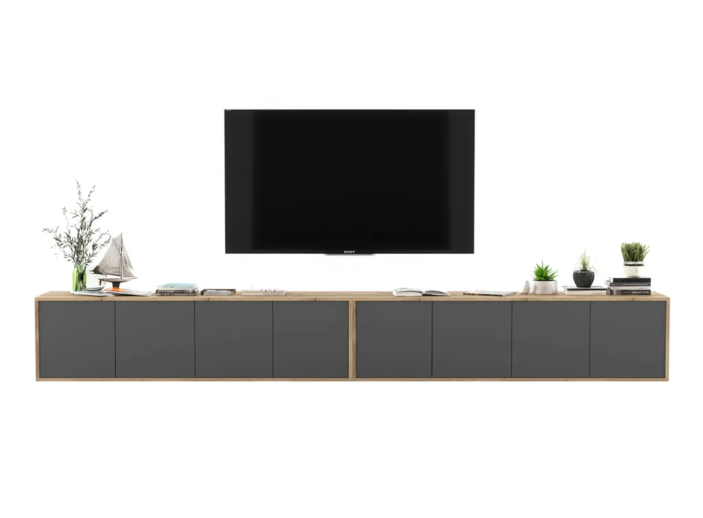 2 Stk Hängende RTV TV-Schrank - 2 X Apollo 2 - MAT 300 - TV Hängeschränke - Hängend - Modern - Lindner Möbel - 300cm X 39cm X 35cm, Farbe: Wotan Eiche Matt - Graphit Matt – Bild 2
