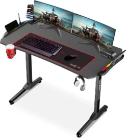 Dripex Gaming Tisch Mit LED, Ergonomischer Schreibtisch Mit Mauspad, Getränke-, Gamepad- Und Kopfhörerhalter, Kohlefaser-Desktop