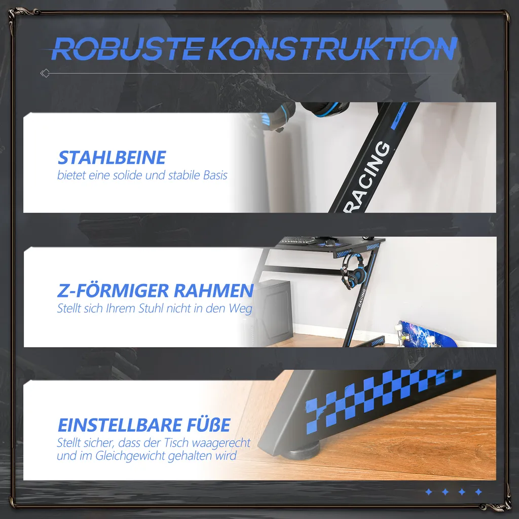 HOMCOM Computertisch Gaming Tisch PC Tisch Computer Ergonomisch Verstellbar Höhe Stahl MDF Schwarz 100L X 60B X 75H Cm – Bild 5