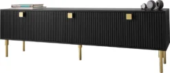 Mirjan24 TV-Lowboard 180 Dorset 01, TV-Tisch Mit 3 Klappe, Gold Metallfüße, Gasdruckfeder (Farbe: Schwarz)