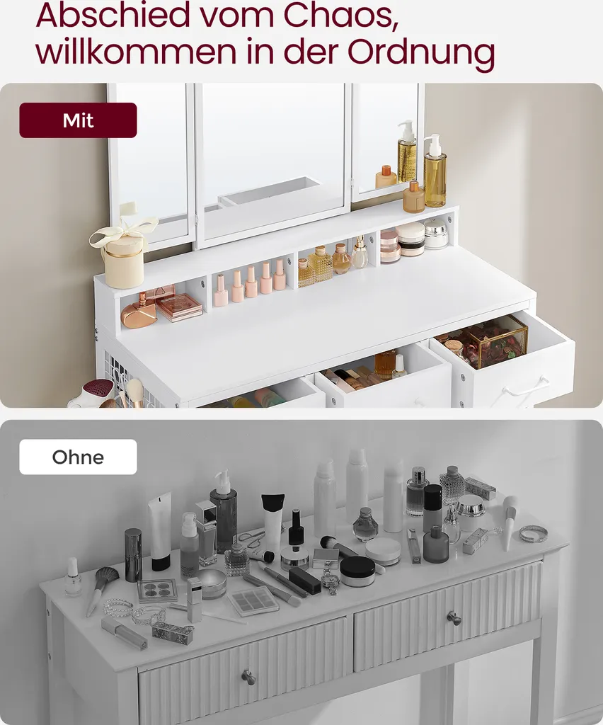 VASAGLE Schminktisch Mit Gepolstertem Hocker, Frisiertisch Mit Dreifachem Spiegel, 3 Schubladen, Haartrocknerhalter, Kosmetiktisch, Moderner Stil, Weiß RVT004W14 – Bild 6