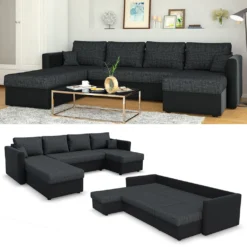 VitaliSpa XXL Sofa Mit Schlaffunktion Schwarz Grau 290 X 61 X 185 Cm Kunstleder Webstoff