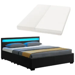 Juskys Polsterbett Lyon 140 X 200 Cm Mit Bettkasten, LED Beleuchtung, Lattenrost & Matratze - Kunstleder & Holz – Bett Bettgestell Jugendbett Schwarz