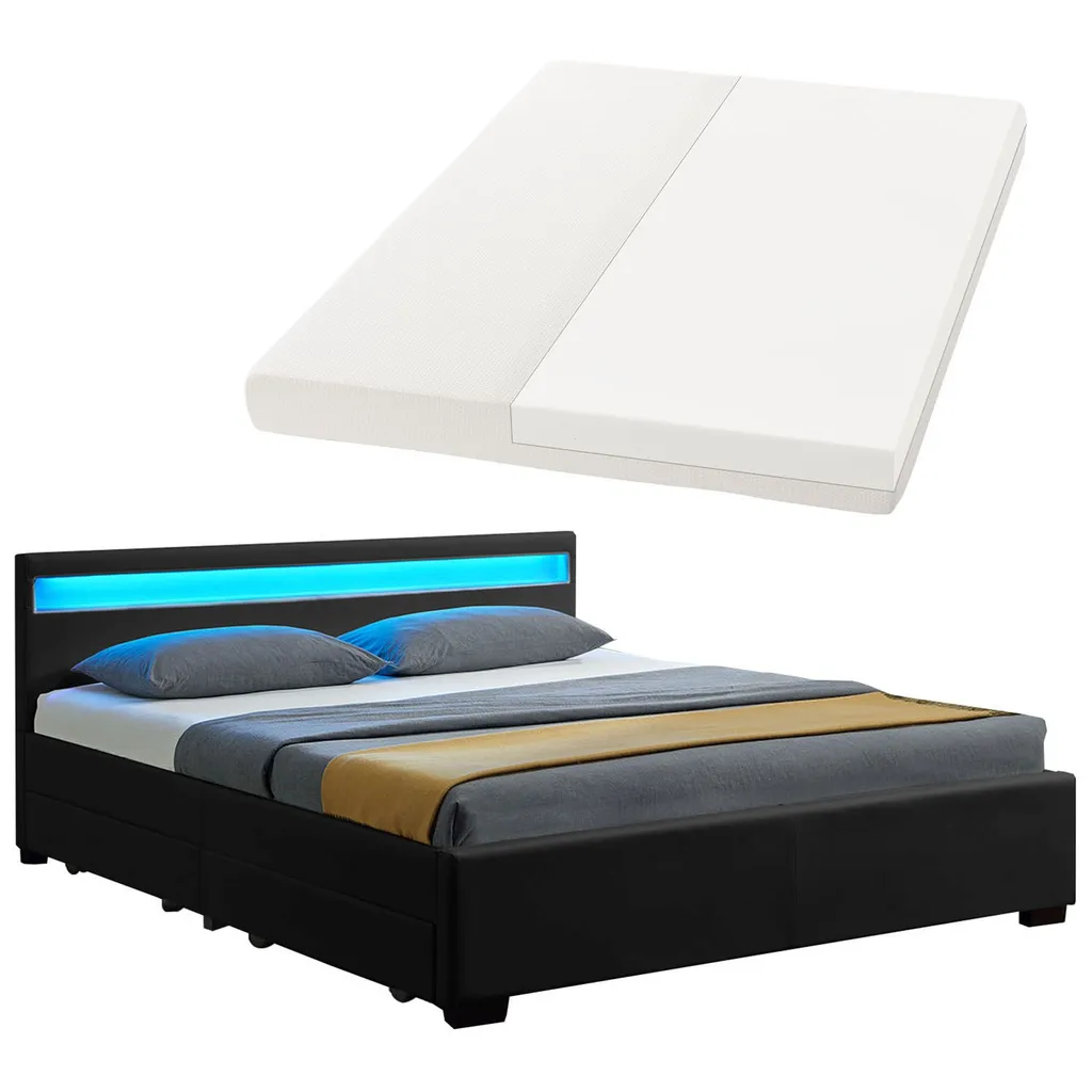 Juskys Polsterbett Lyon 140 X 200 Cm Mit Bettkasten, LED Beleuchtung, Lattenrost & Matratze - Kunstleder & Holz – Bett Bettgestell Jugendbett Schwarz