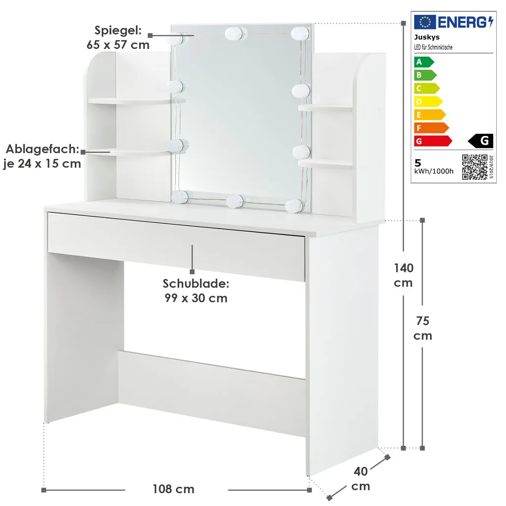 Juskys Schminktisch Bella Mit LED Beleuchtung, Spiegel, Schublade & 4 Ablagefächern - 108 X 40 X 140 Cm - Holz - Weiß - Kosmetiktisch Frisiertisch – Bild 18