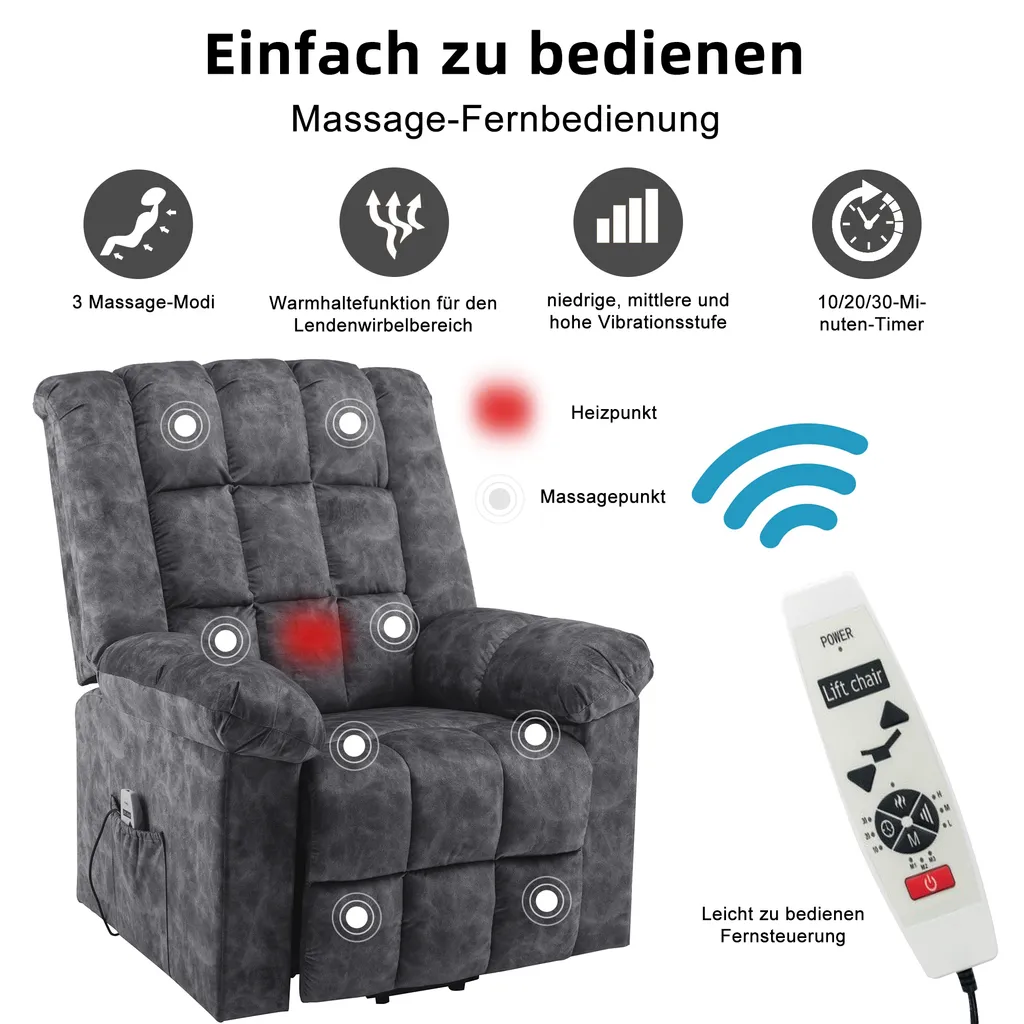 Merax TV-Sessel Elektrischer Aufstehhilfe Fernsehsessel Relaxsessel Mit Liegefunktion, Wärmefunktion Und Massagefunktion, Massagesessel Inkl. Timer Und Fernbedienung, Grau – Bild 4