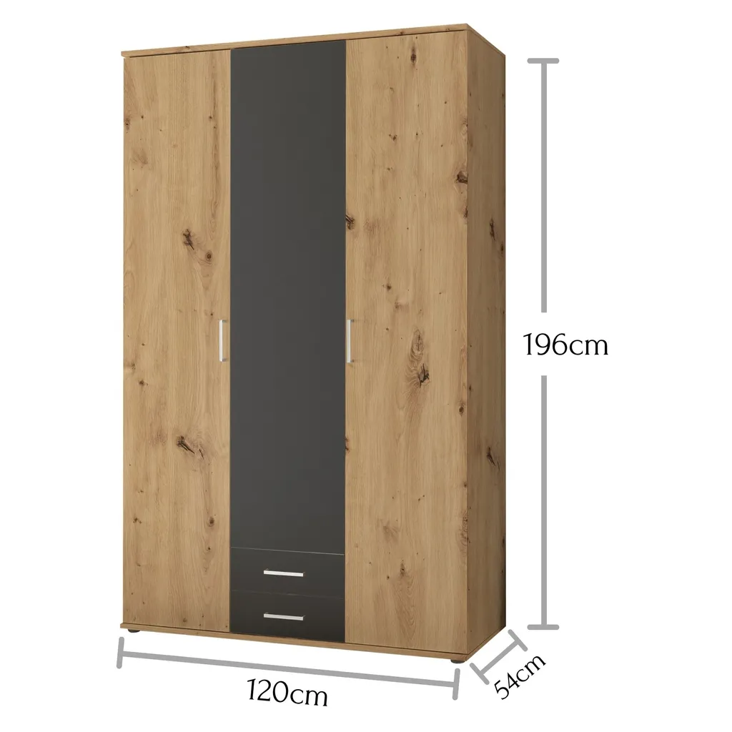 Kleiderschrank "Marburg" In Artisan Eiche / Graphit Mit 2 Schubladen Und 3 Türen. Abmessungen (BxHxT) 120x196x54 Cm – Bild 6