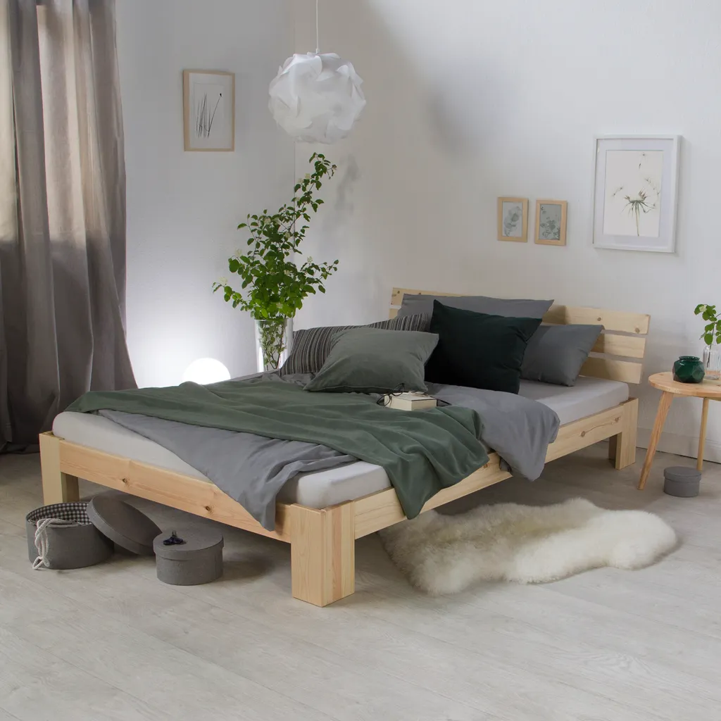 Homestyle4u 2264, Holzbett Doppelbett 140x200 Mit Matratze Und Lattenrost Bett Natur Holz Kiefer Bettgestell Futonbett – Bild 3