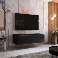 Selsey TV-Board SKYLARA - TV-Bank In Schwarz Matt / Schwarz Hochglanz Mit LED - 140 Cm Breit - Stehend / Hängend