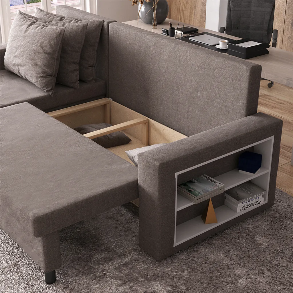 Selsey Ecksofa MERIEN - Schlafcouch In Dunkelgrau Mit Ottomane, Bettkasten Und Integriertem Regal, 230 Cm Breit – Bild 3