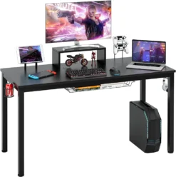 COSTWAY 140cm Gaming Tisch Mit Monitorablage, Groß Gamer Schreibtisch, PC-Tisch Mit Getränkehalter, Kopfhörerhaken, Aufbewahrungskorb, Medienablage, Verstellbare Fußpolster