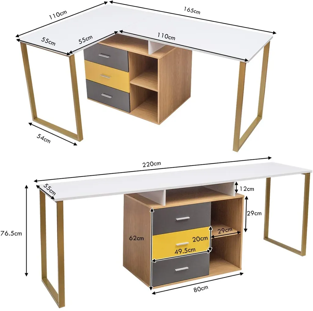COSTWAY 2 Personen Computertisch Mit 3 Schubladen Und 2 Offenen Fächern, L-förmiger Eckschreibtisch, Schreibtisch Umstellbar, Arbeitstisch Holz, Winkelkombination Tisch Für Homeoffice – Bild 4