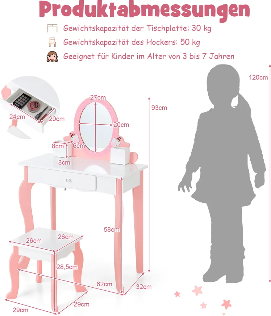 COSTWAY Kinder-Schminktisch Mit Hocker, 2-in-1-Kinder-Schminktisch-Set Aus Holz Mit Spiegel, Schublade & Stifthalter, Make-Up-Tisch Für Kinder Im Alter Von 3-7 Jahren (Weiß) – Bild 6