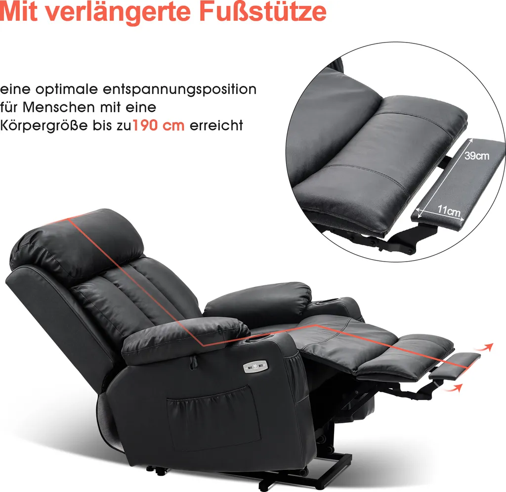 MCombo Elektrische Aufstehhilfe Fernsehsessel Relaxsessel Echtleder 7190BK – Bild 8