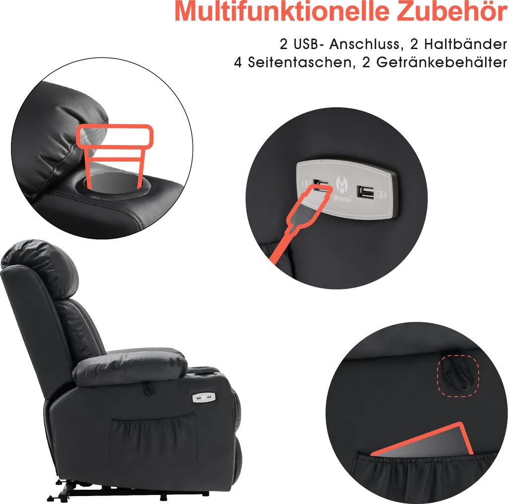 MCombo Elektrische Aufstehhilfe Fernsehsessel Relaxsessel Echtleder 7190BK – Bild 7