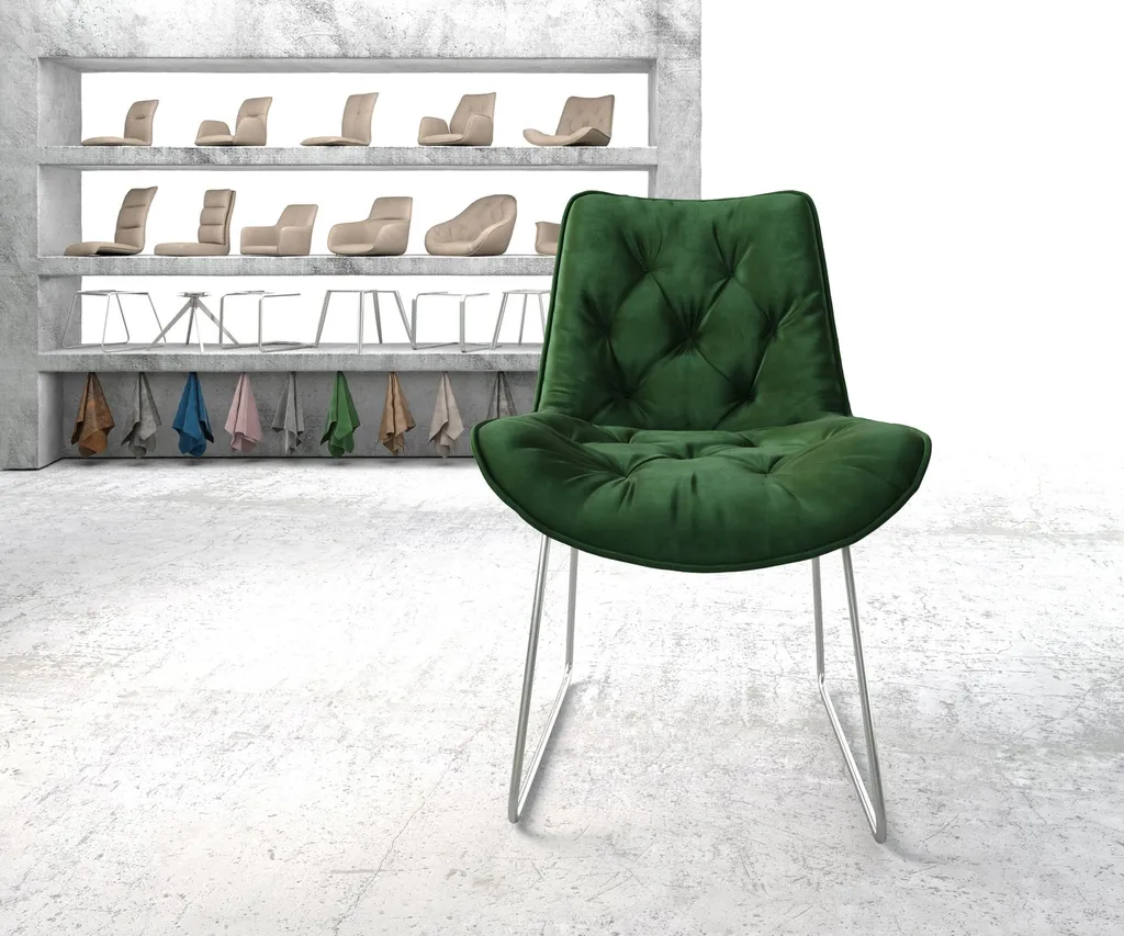 DELIFE Esszimmerstuhl Taimi-Flex Samt Grün Kufengestell Edelstahl – Bild 2