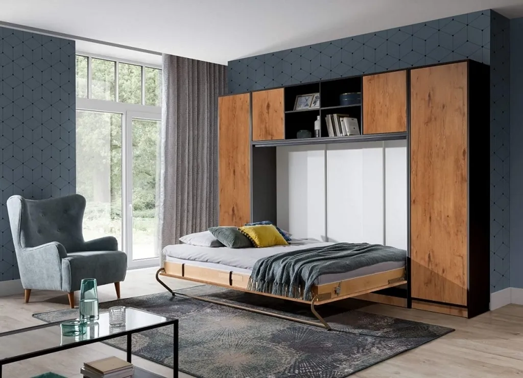 Schrankbett Klappbett Wandbett Horizontal HB 140 X 200, Schrankklappbett Mit Aufsatz Und 2 Schränken Weiß Eiche Sonoma, Lancelot Mit Schwarz – Bild 5