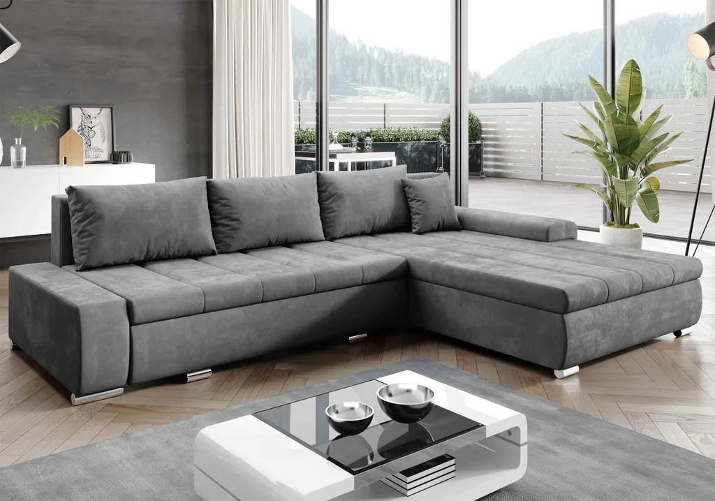 FURNIX Ecksofa TOMMASO Sofa Mit Schlaffunktion Bettkasten Und Kissen Couch Pflegeleichter Stoff GRAU L-Form M H84
