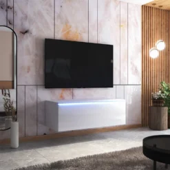 Selsey TV-Tisch SKYLARA - TV-Board In Weiß Matt / Weiß Hochglanz Mit LED - 100 Cm Breit - Stehend / Hängend