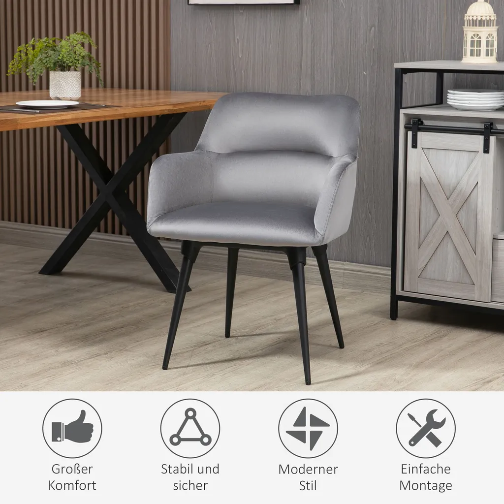 HOMCOM Esszimmerstuhl, Loungesessel Mit Armlehne, Akzentsessel Mit Samt-Optik, Max. 120 Kg Belastbar, Für Wohnzimmer, Schlafzimmer, Dunkelgrau – Bild 6