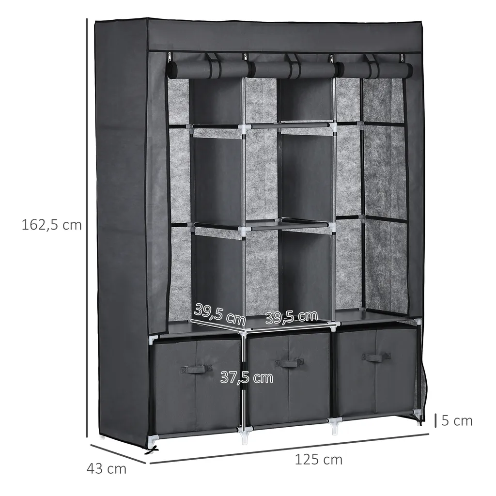 HOMCOM Stoffschrank, Kleiderschrank Mit Kleiderstangen Und Schubladen, Faltschrank Mit Reißverschluss, Faltbare Garderobe Für Schlafzimmer, Vliesstoff, Dunkelgrau, 125 X 43 X 162,5 Cm – Bild 3