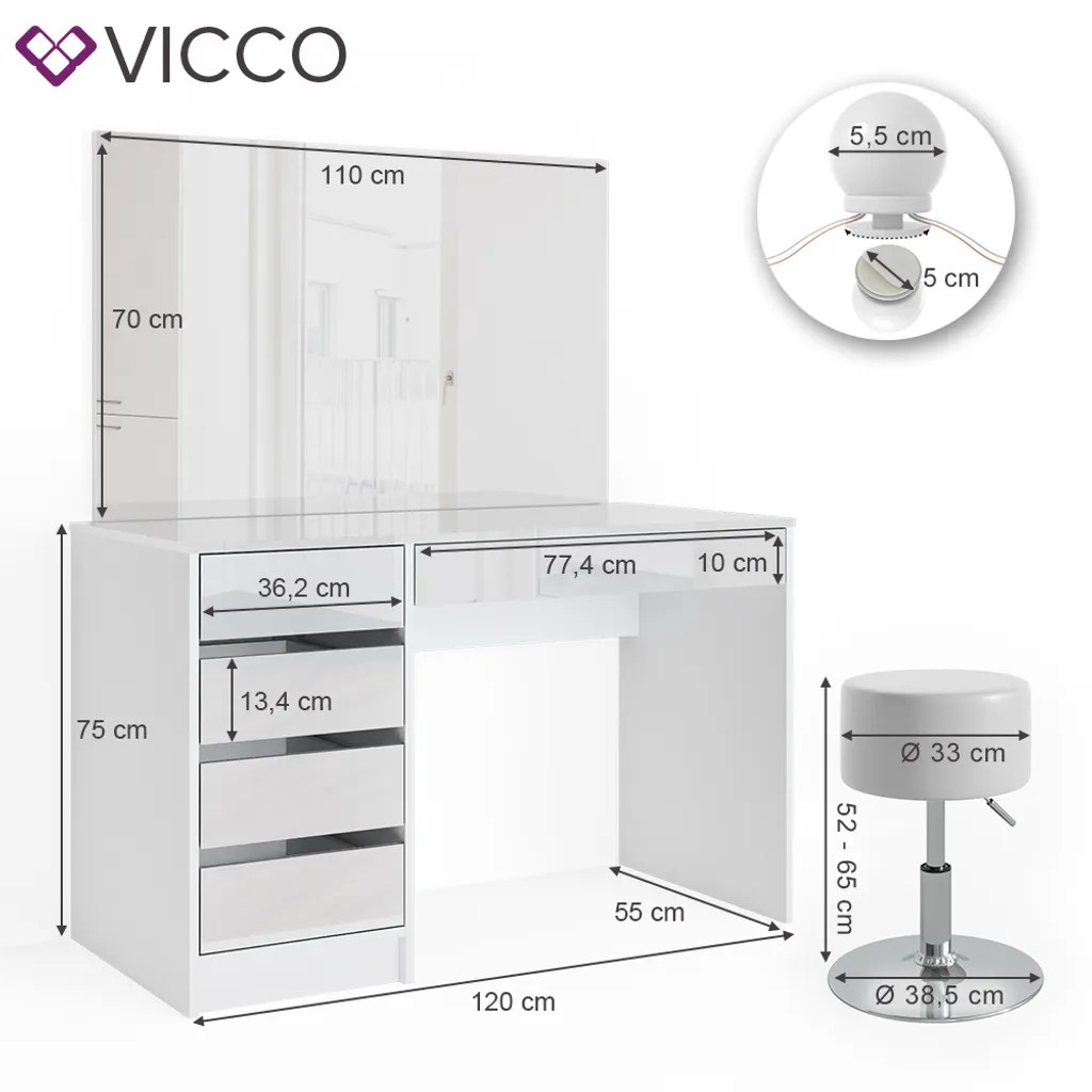 Vicco Schminktisch – Stilvoller Frisiertisch Mit Spiegel Und Schubladen – 120 X 55 Cm, Weiß – Bild 3