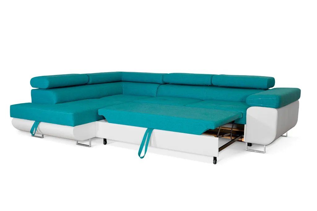 Ecksofa Aller L-form Mit Schlaffunktion Und Bettkasten, Türkis Und Weißes Kunstleder, Links Ottomane. – Bild 4