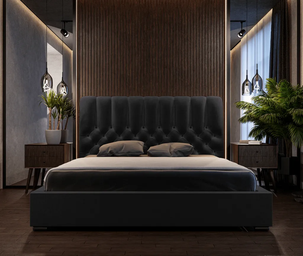 GRAINGOLD Designerbett 140x200 Roma - Doppelbett Mit Bettkasten Und Lattenrost - Schöner Und Eleganter Stil, Samtstoff - Schawrz – Bild 2