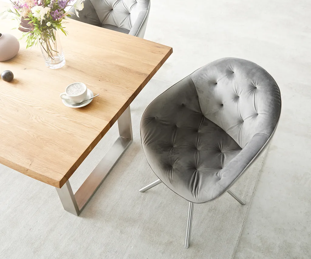 DELIFE Drehstuhl Gaio-Flex Mit Armlehnen Samt Grau Kreuzgestell Rund Edelstahl 180° Drehbar – Bild 5