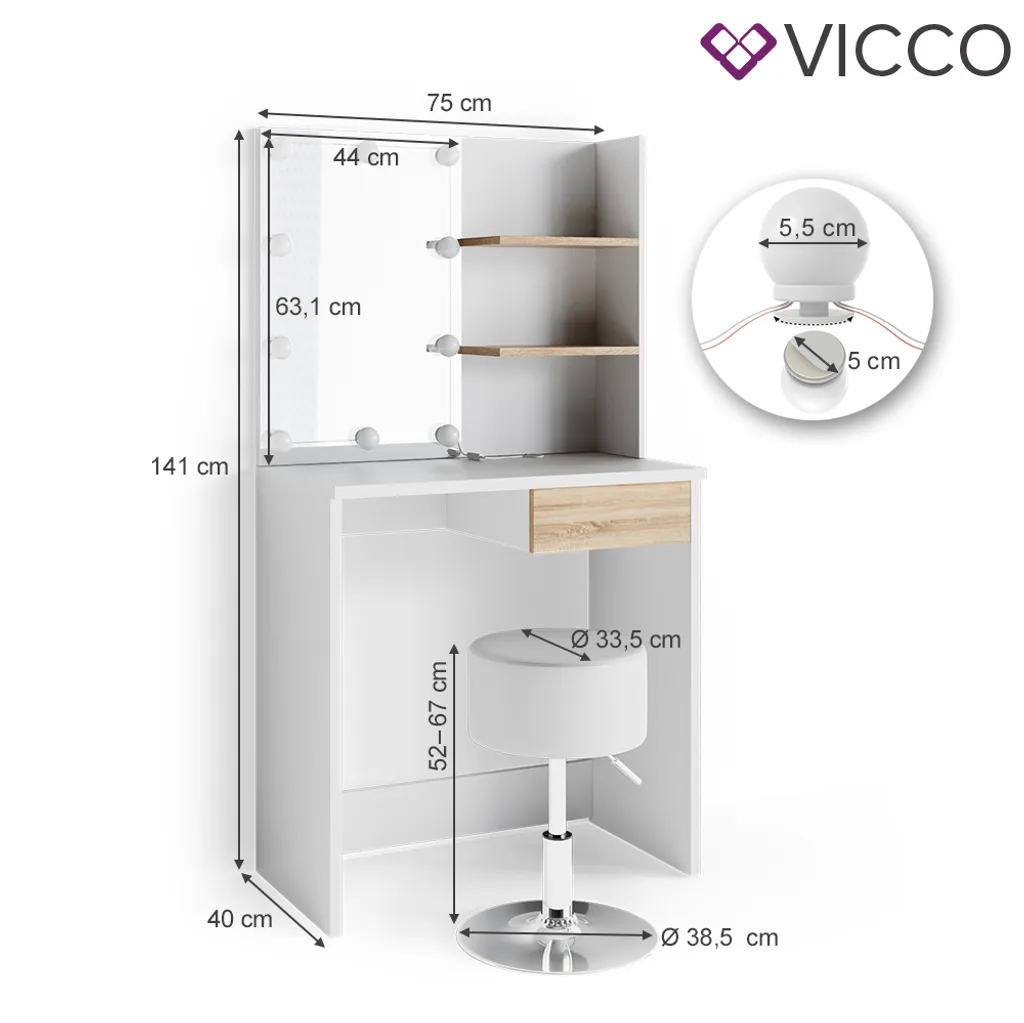 VICCO LED Schminktisch DEKOS Frisiertisch Kommode Kosmetik Weiß Eiche Hocker – Bild 3