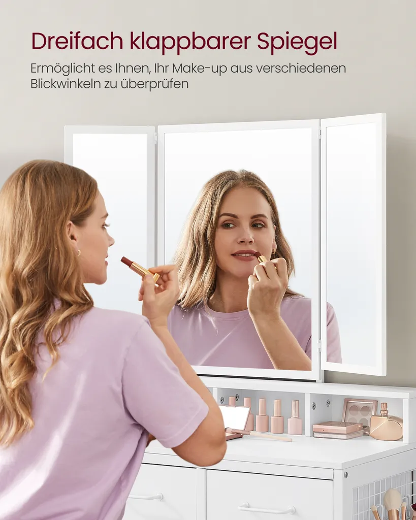 VASAGLE Schminktisch Mit Gepolstertem Hocker, Frisiertisch Mit Dreifachem Spiegel, 3 Schubladen, Haartrocknerhalter, Kosmetiktisch, Moderner Stil, Weiß RVT004W14 – Bild 4