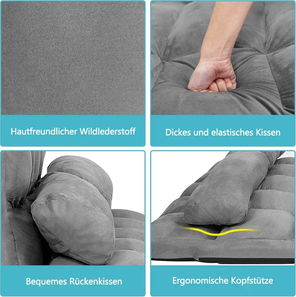 COSTWAY Schlafsofa Mit 2 Kissen, Sofabett Mit 6 Stufig Verstellbarer Rücklehne, Lazy Sofa Klappbar, Bodensofa Für Schlafzimmer, Wohnzimmer Und Balkon Grau – Bild 5