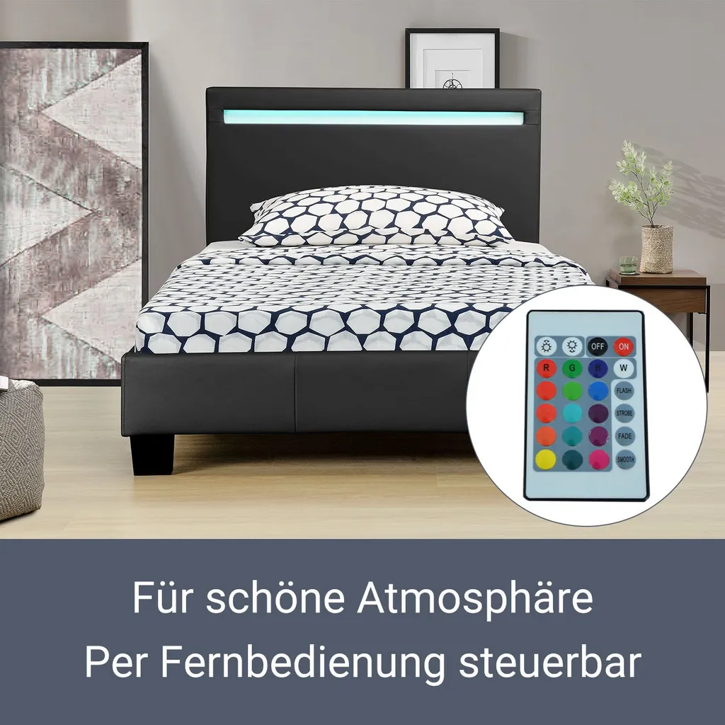 Juskys Polsterbett Verona 90 X 200 Cm Schwarz – Bettgestell Inkl. LED-Beleuchtung, Lattenrost & Kopfteil – Bett Mit Holzgestell & Kunstleder-Bezug – Bild 3