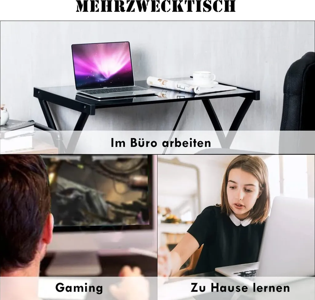 COSTWAY Computertisch Schreibtisch Mit Gehärteter Glasplatte, Gamingtisch Z-förmige Eisengestell, Arbeitstisch PC Tisch Für Gaming Büro Studierzimmer, Schwarz – Bild 3